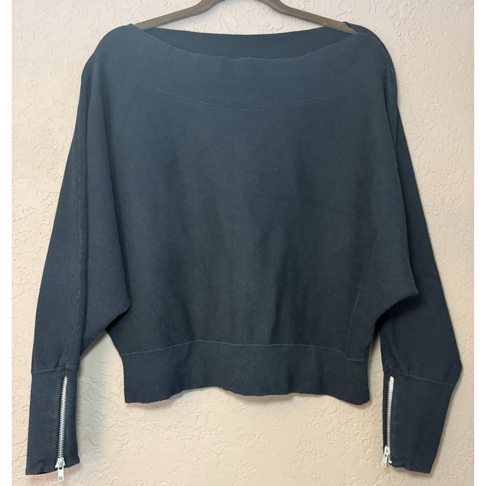 Free People Black Cotton Blend Oversized Crop Sweatshirt‎ Zipper Sleeves Sz S
